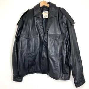 Vintage Together Black Genuine Leather Motorcycle Jacket Mens L Boxy Fit Snap